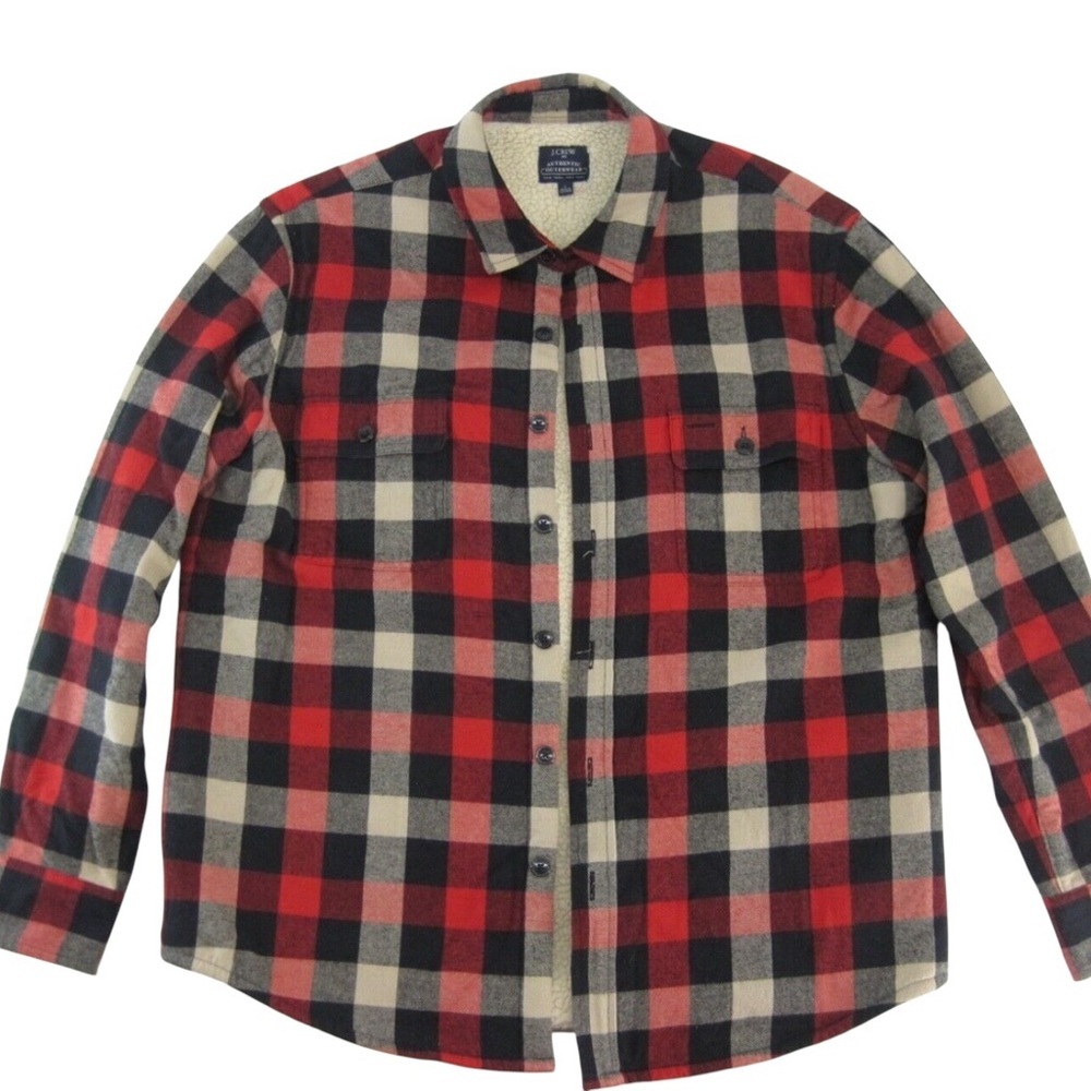 J Crew Flannel Shirt Jacket Mens Size XL Sherpa Lined Plaid Mercantile Heavy
